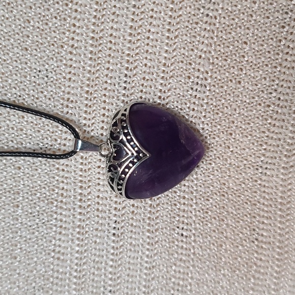 Heart Pendant Necklace w Amethyst Stone, Silver Tone Accents & Black Cord - Picture 4 of 4